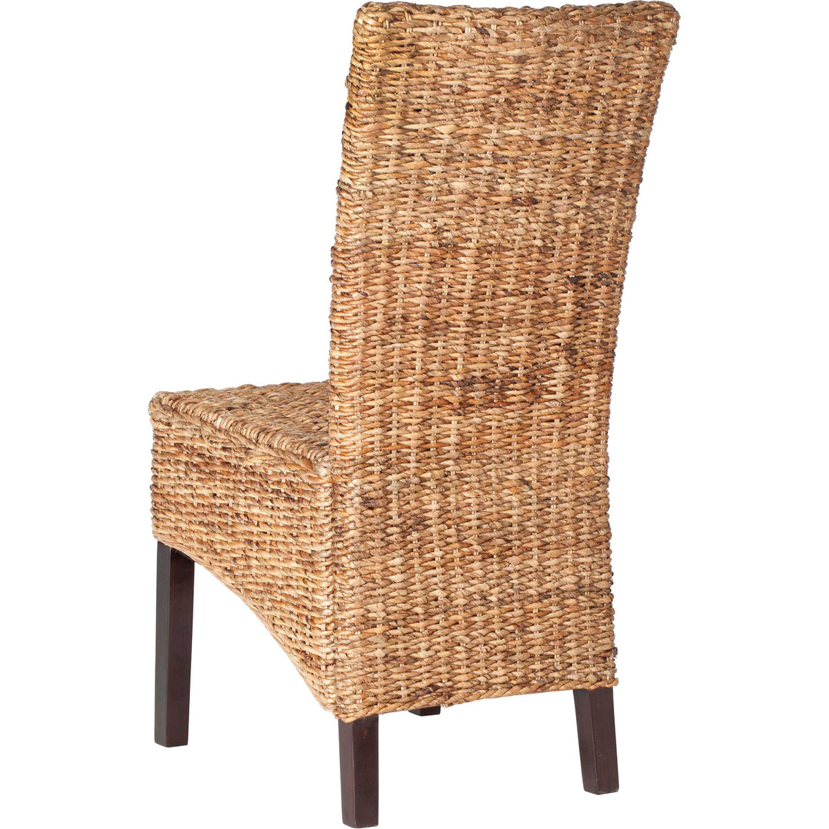 Woven rattan wraps the gently curved chair back above dark wood legs.