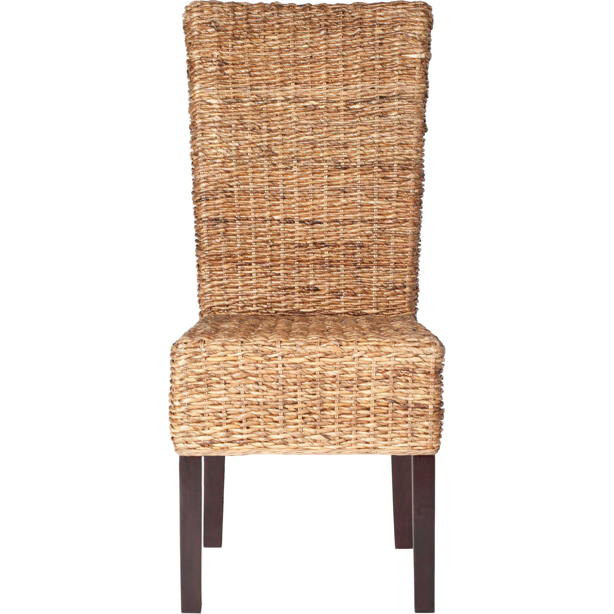 A high woven rattan back meets a textured seat above straight, dark brown wood legs. || FOX1021A-SET2 || front_studio