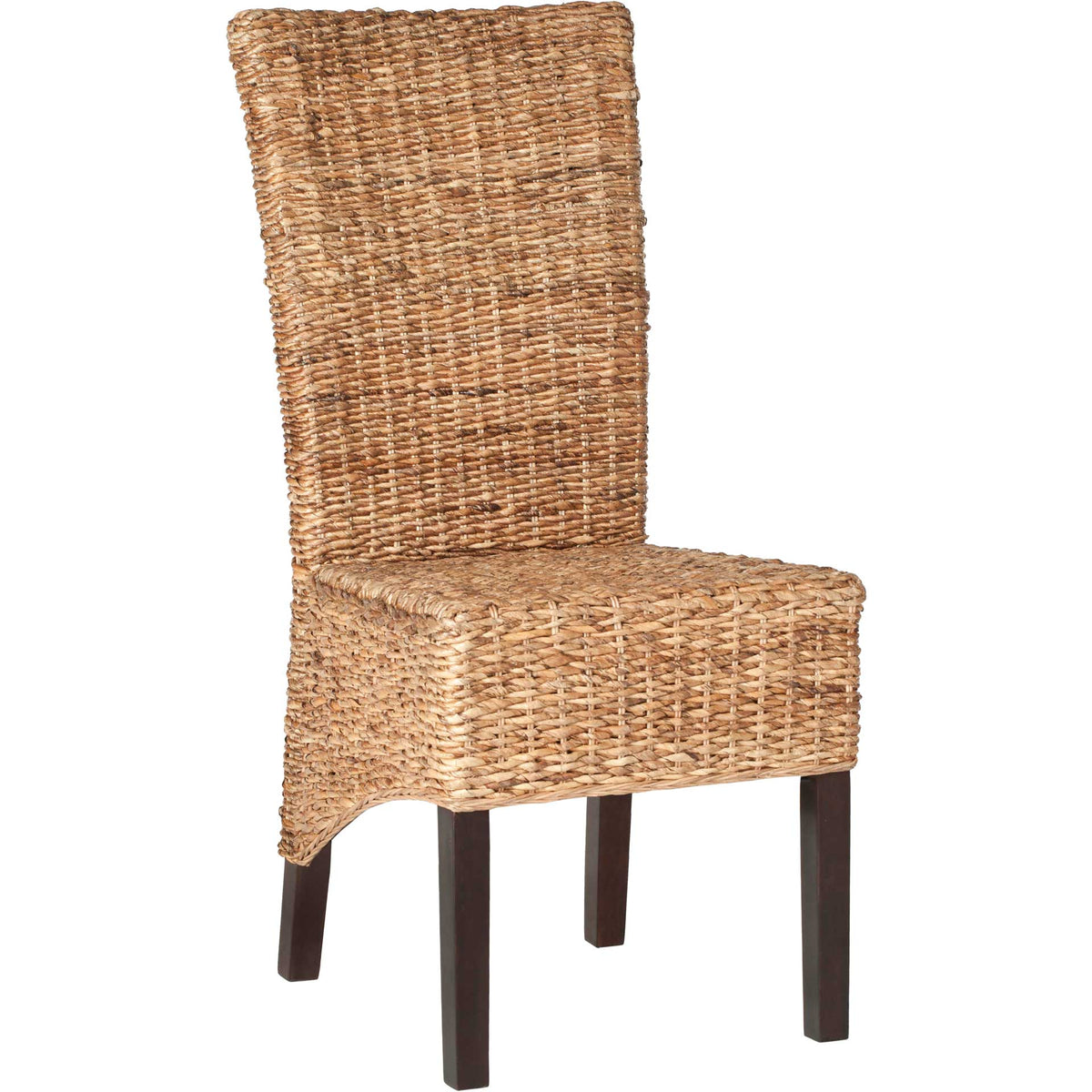 A tall woven rattan back and textured seat stand on slim dark wood legs. || FOX1021A-SET2 || front_angle_studio