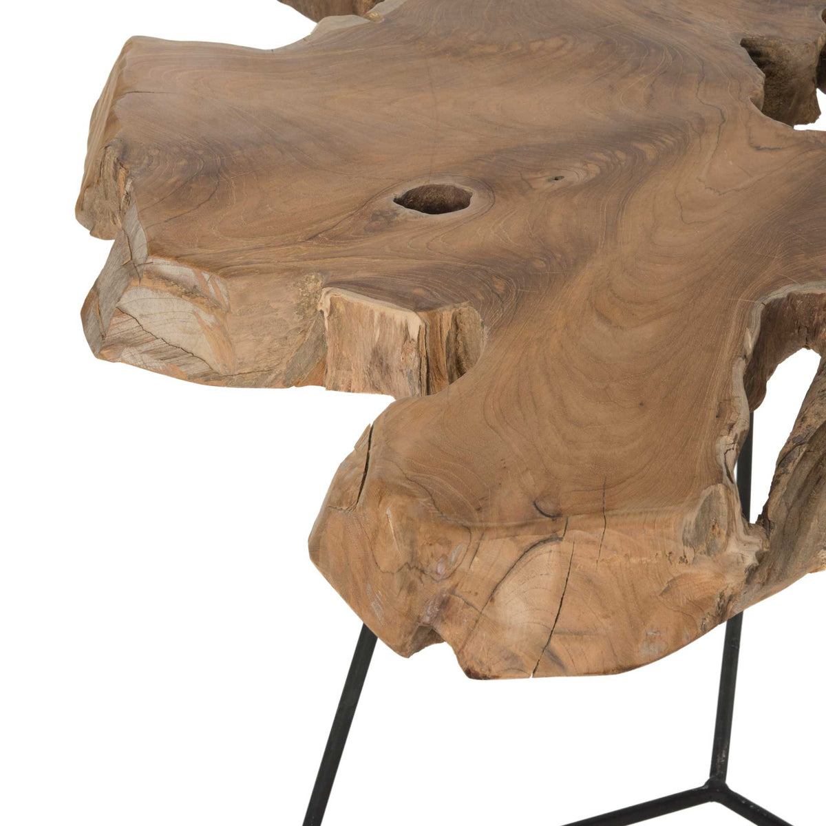 Swirling wood grain, natural openings, and rugged edges give the thick tabletop unique character