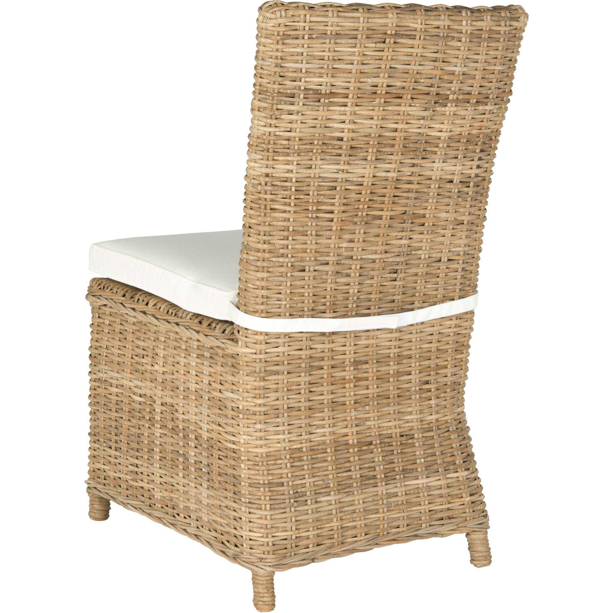 Natural rattan covers the chair's tall back and curved base, accented by a white seat cushion.
