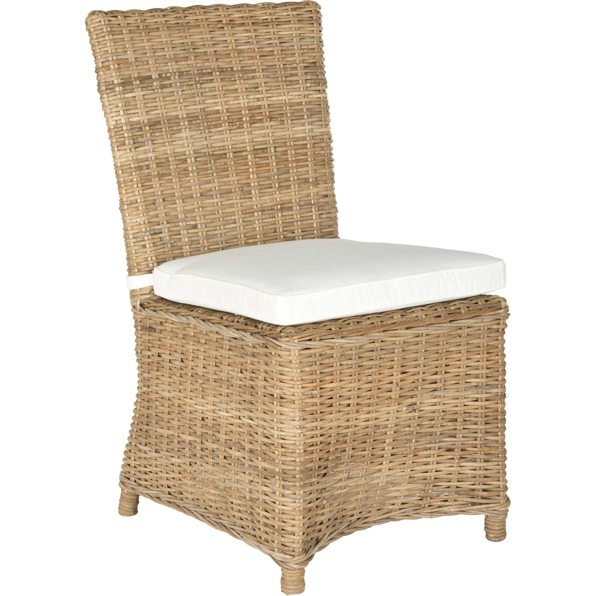 A natural rattan dining chair pairs a tall woven back and curved base with a thick white seat cushion. || FOX1600A-SET2 || front_angle_studio