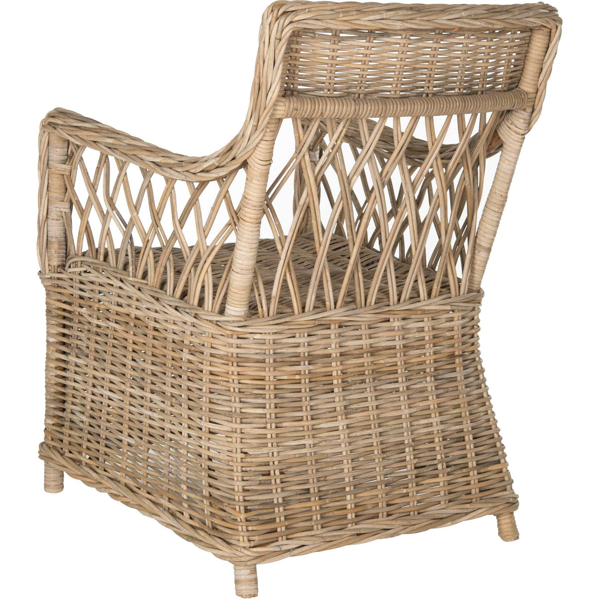 Natural rattan armchair with a woven backrest, crisscross detailing, and gently curved arms