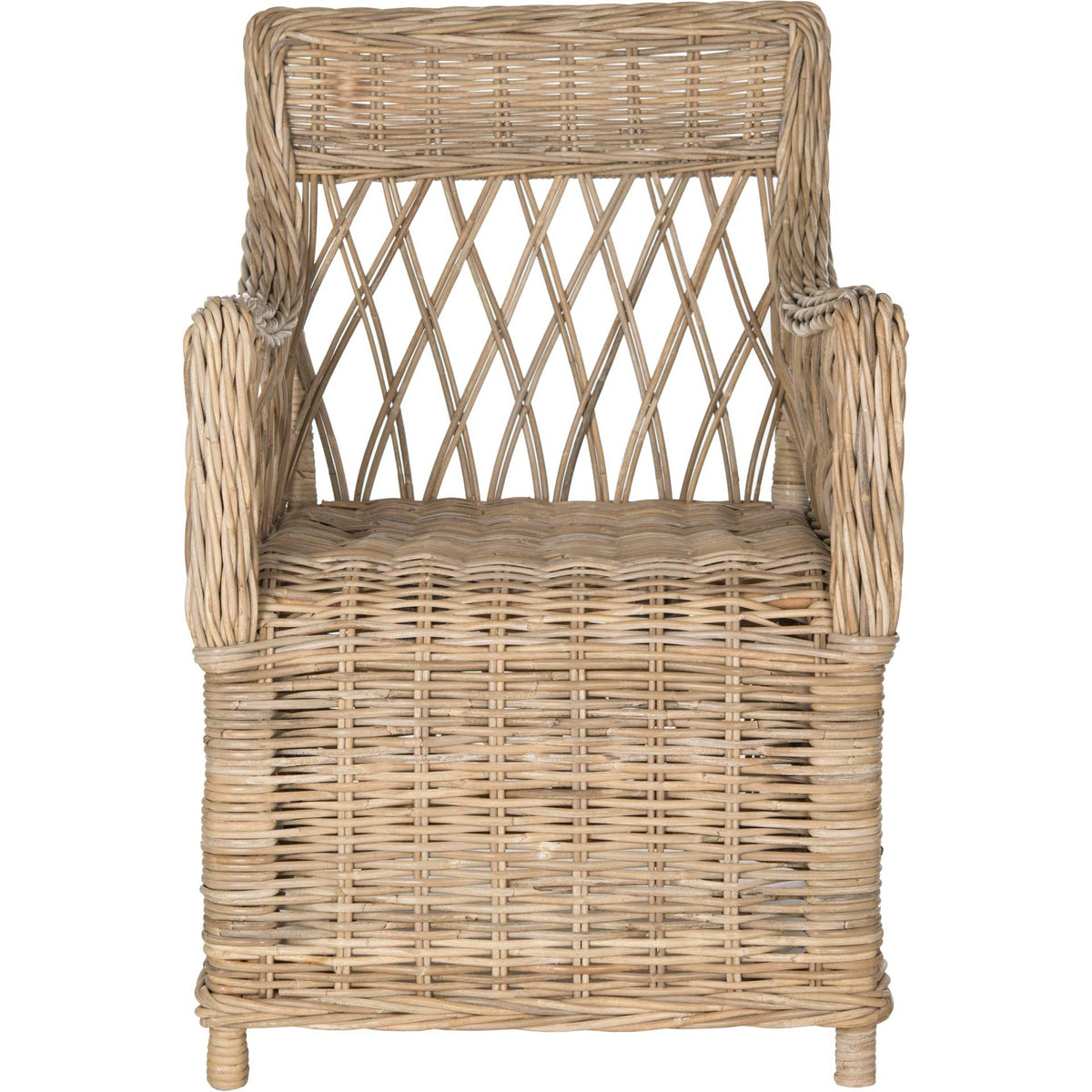 Woven rattan armchair with an open diamond-pattern back and a sturdy, textured base || FOX1603A || front_studio