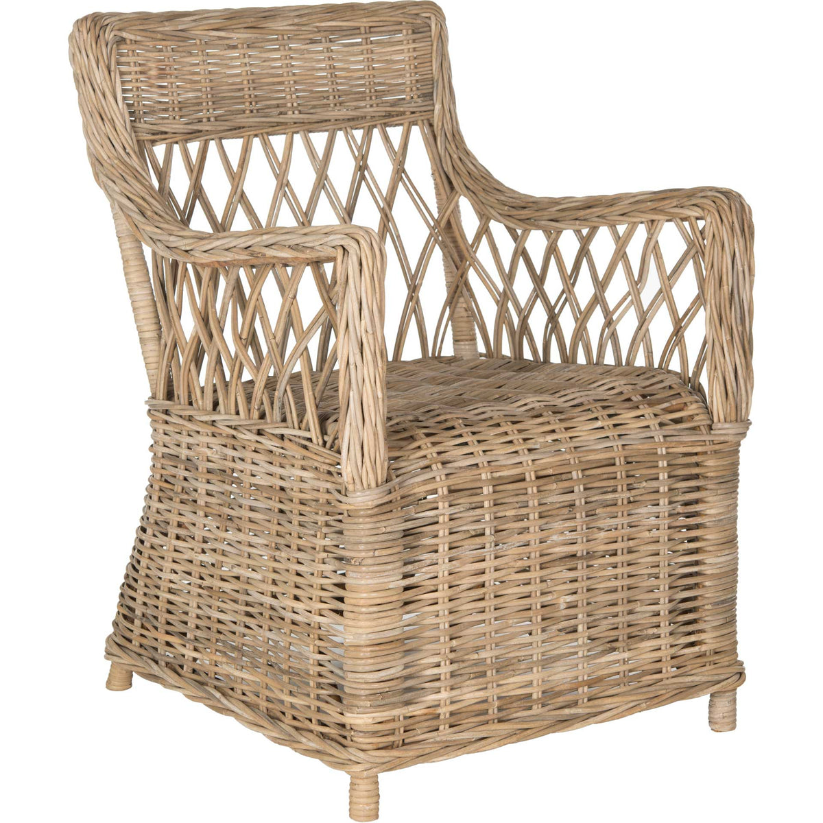 Natural rattan armchair with curved arms, an airy lattice back, and a woven seat || FOX1603A || front_angle_studio