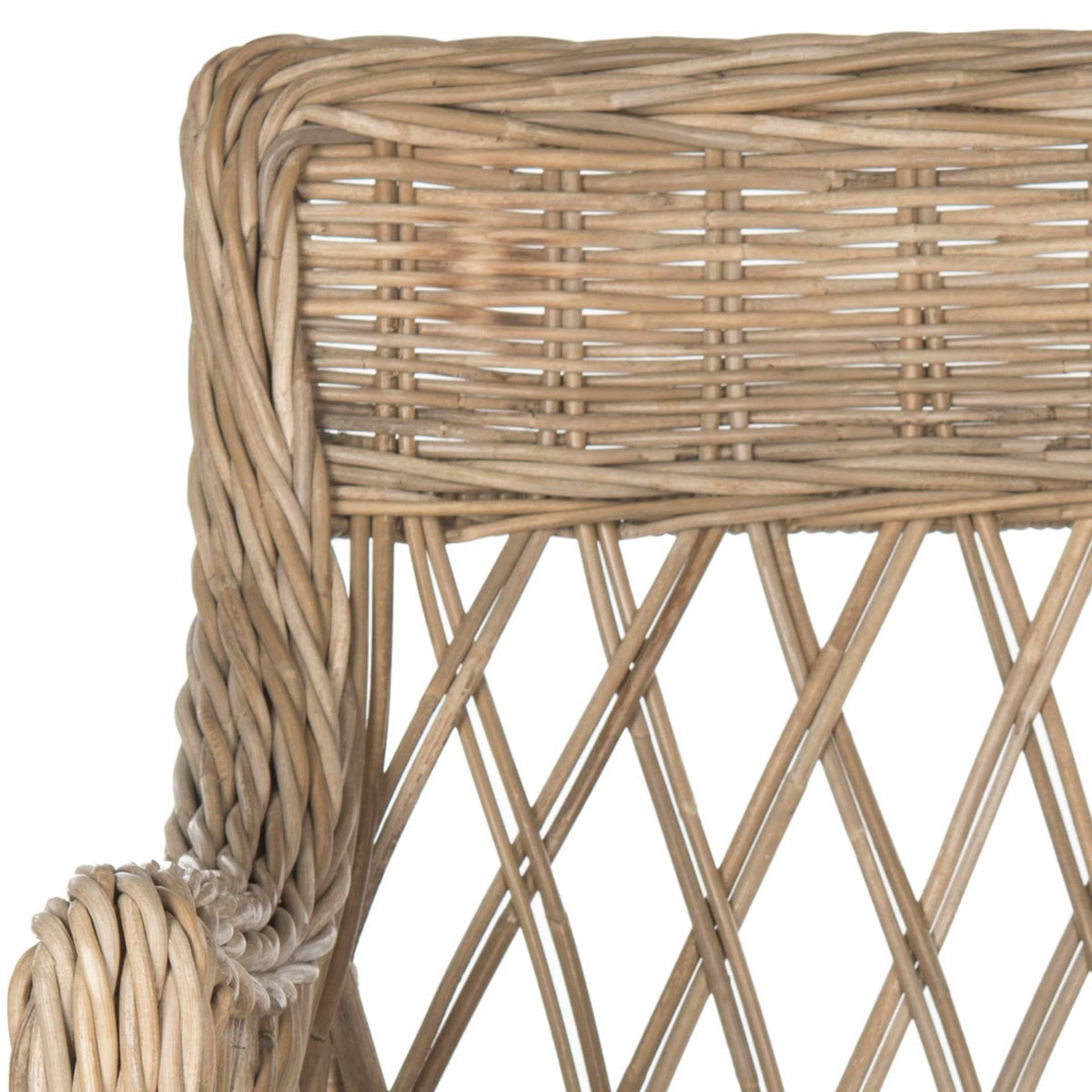 Braided rattan edging and tightly woven strands frame an open crisscross pattern
