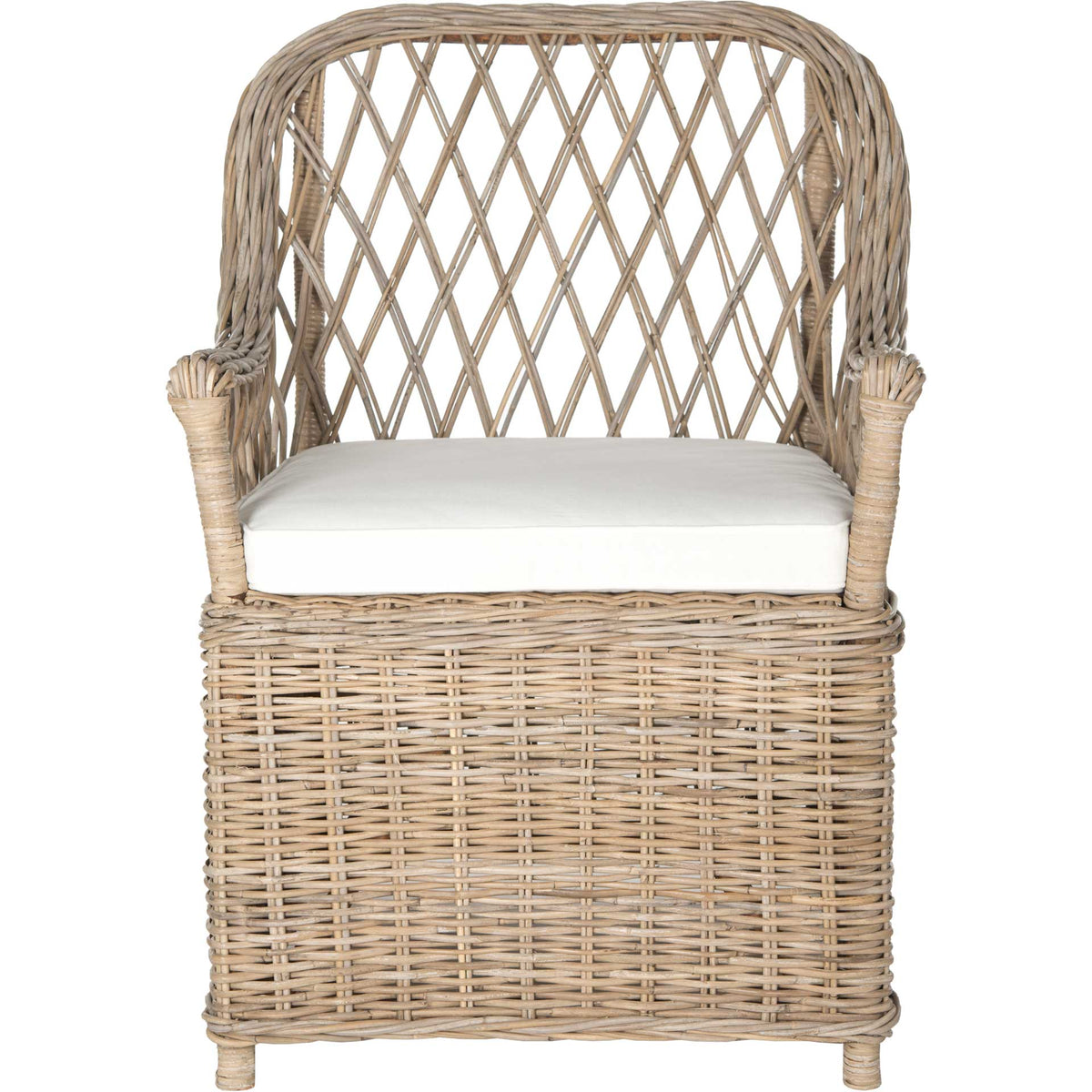 Diamond-lattice rattan back and curved arms frame a cushioned white seat || FOX1604A || front_studio