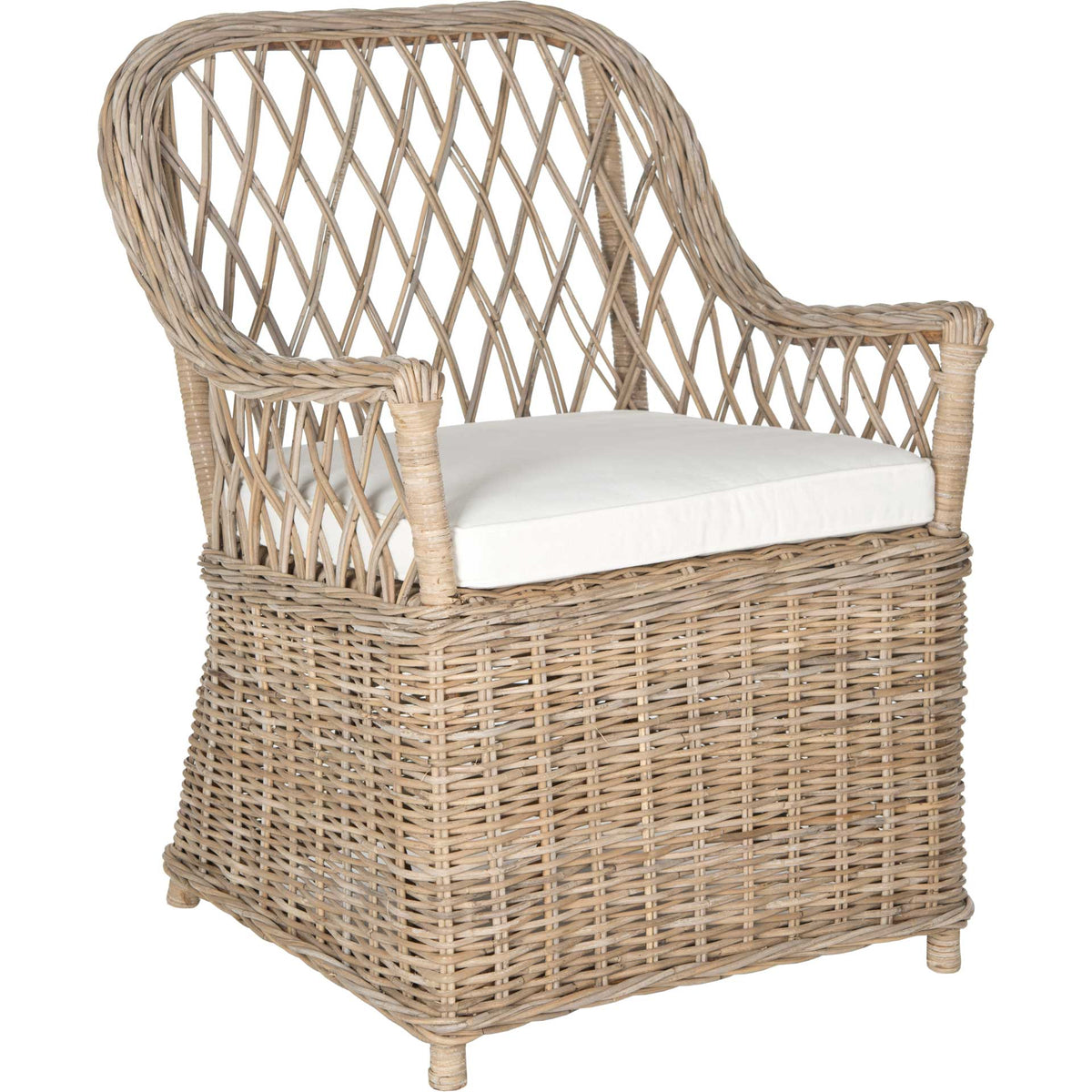 Natural rattan armchair with a curved lattice back, woven base, and white seat cushion || FOX1604A || front_angle_studio
