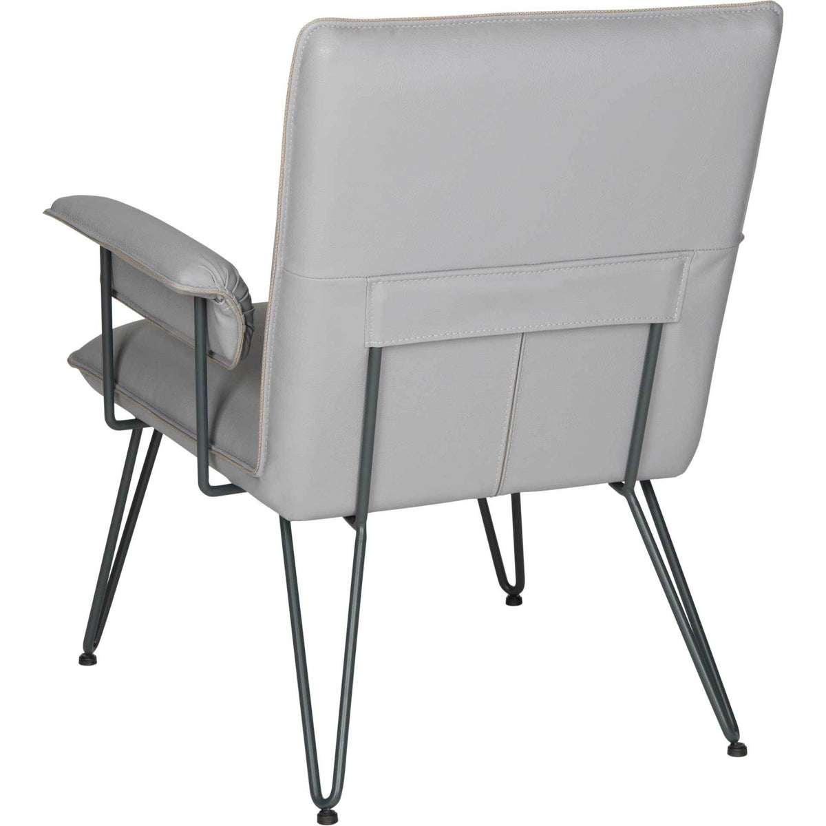 Smooth gray upholstered back pairs with an exposed steel support frame and slender black legs