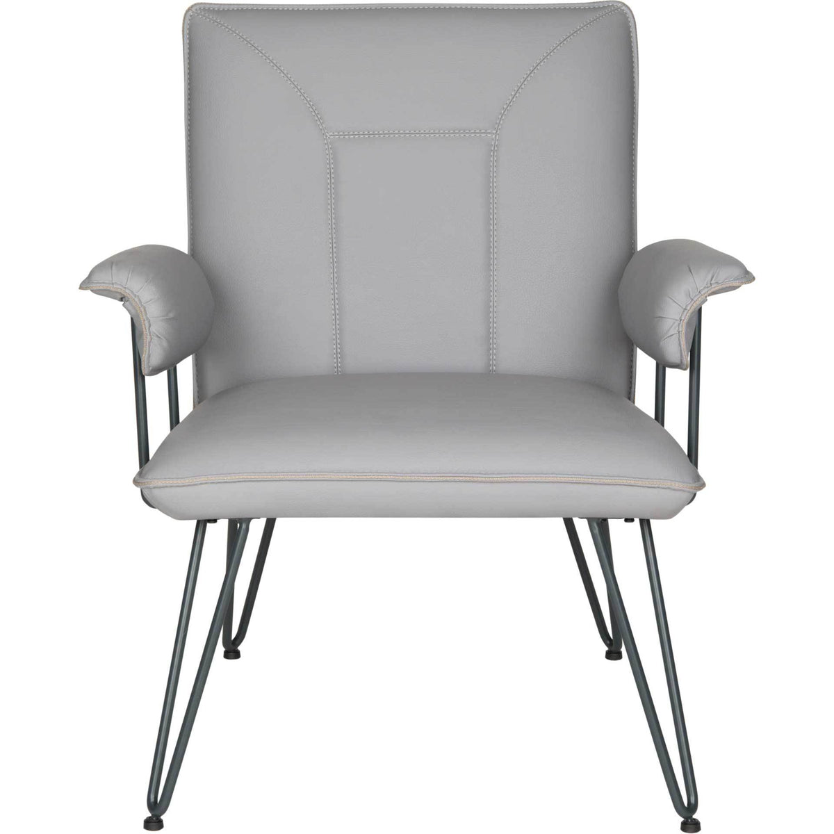 Gray faux leather armchair with tailored stitching, cushioned arms, and slender black metal legs || FOX1700B || front_studio