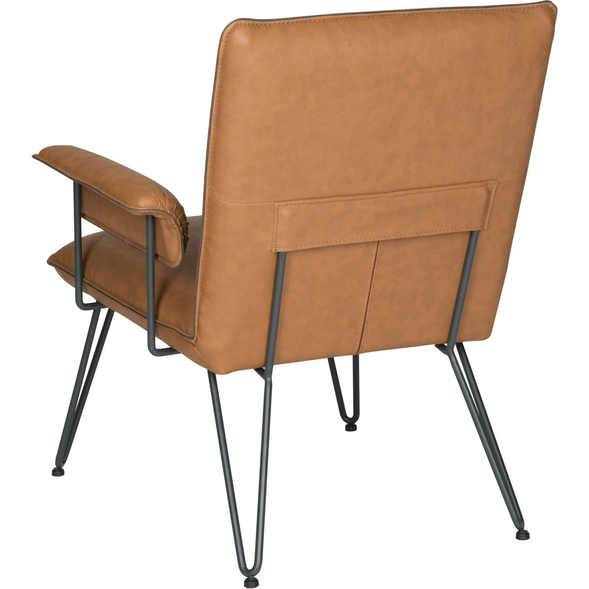 Camel upholstery wraps the chair's back above an exposed black steel support frame