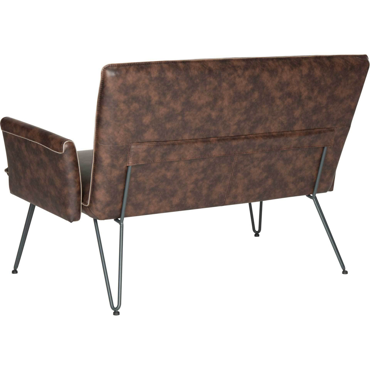 Mottled brown faux leather wraps the settee's back above slender black metal legs