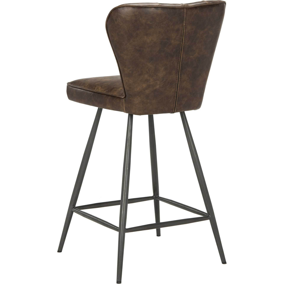 Smooth brown upholstery wraps a gently flared back above an airy metal base.