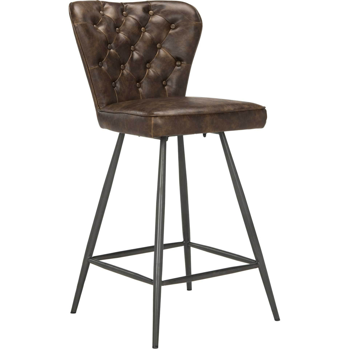 Brown leather-look upholstery and diamond tufting contrast with slim black metal legs and a footrest. || FOX1702A-SET2 || front_angle_studio