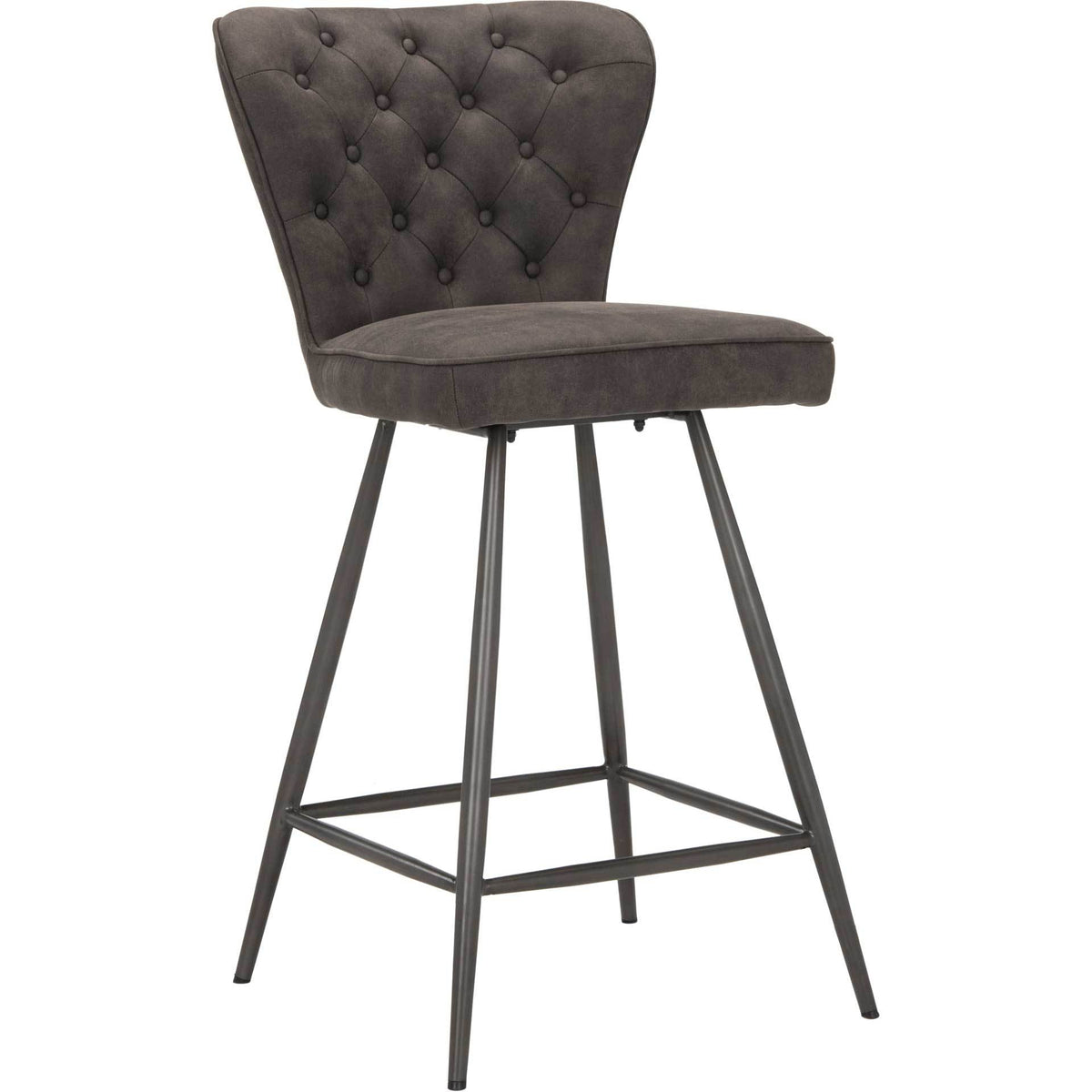Soft gray upholstery and diamond tufting bring texture to a counter stool with slim metal legs. || FOX1702C-SET2 || front_angle_studio