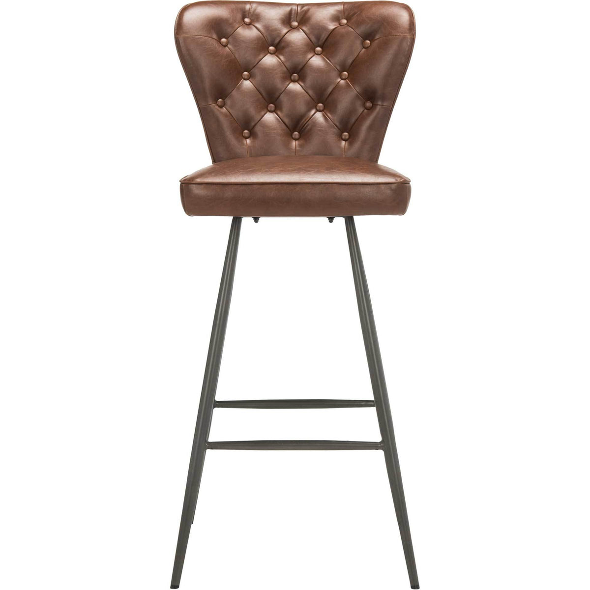 A flared, button-tufted burgundy back tops a padded seat and slender black steel frame. || FOX1703A-SET2 || front_studio