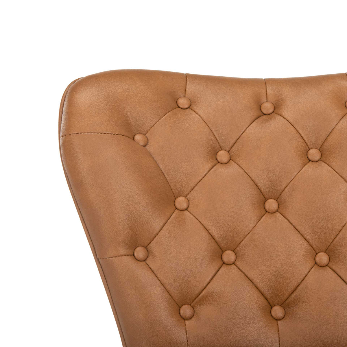 Covered buttons and diamond stitching add texture to the camel leather-look upholstery.