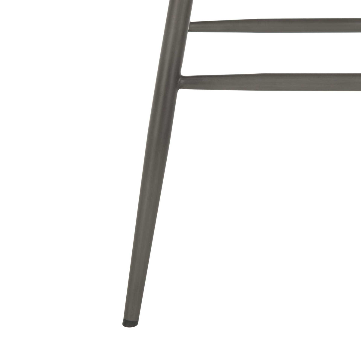 A slender black steel leg and horizontal footrest rails create an airy bar stool frame.
