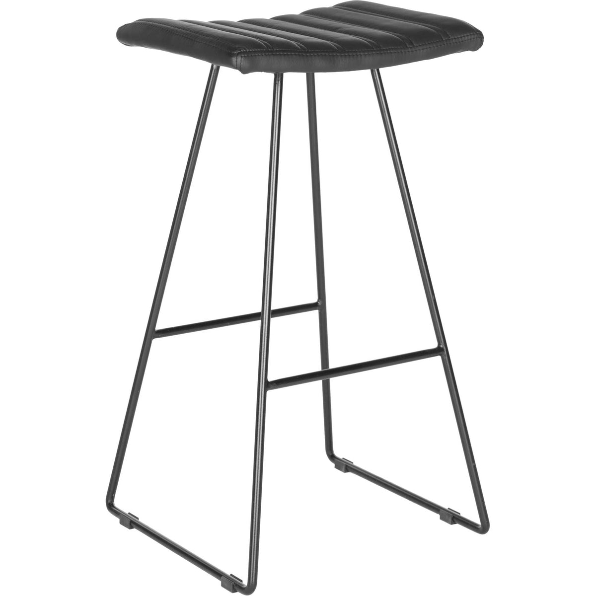 A slim, angled iron frame supports a cushioned black faux leather bar stool. || FOX2010B-SET2 || front_angle_studio