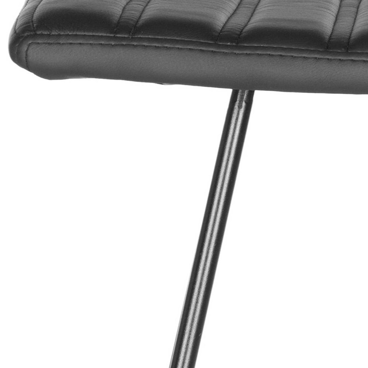 A single slim iron support meets the rounded edge of the black upholstered seat.