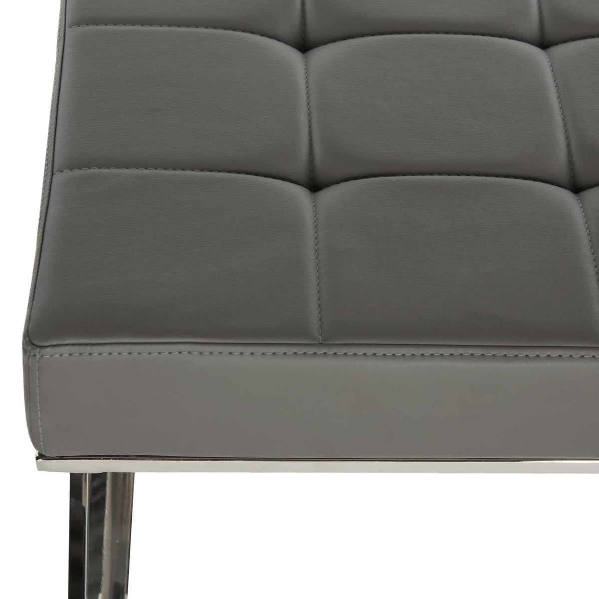 Neat seams define the cushioned gray faux leather seat above a slim steel rim.