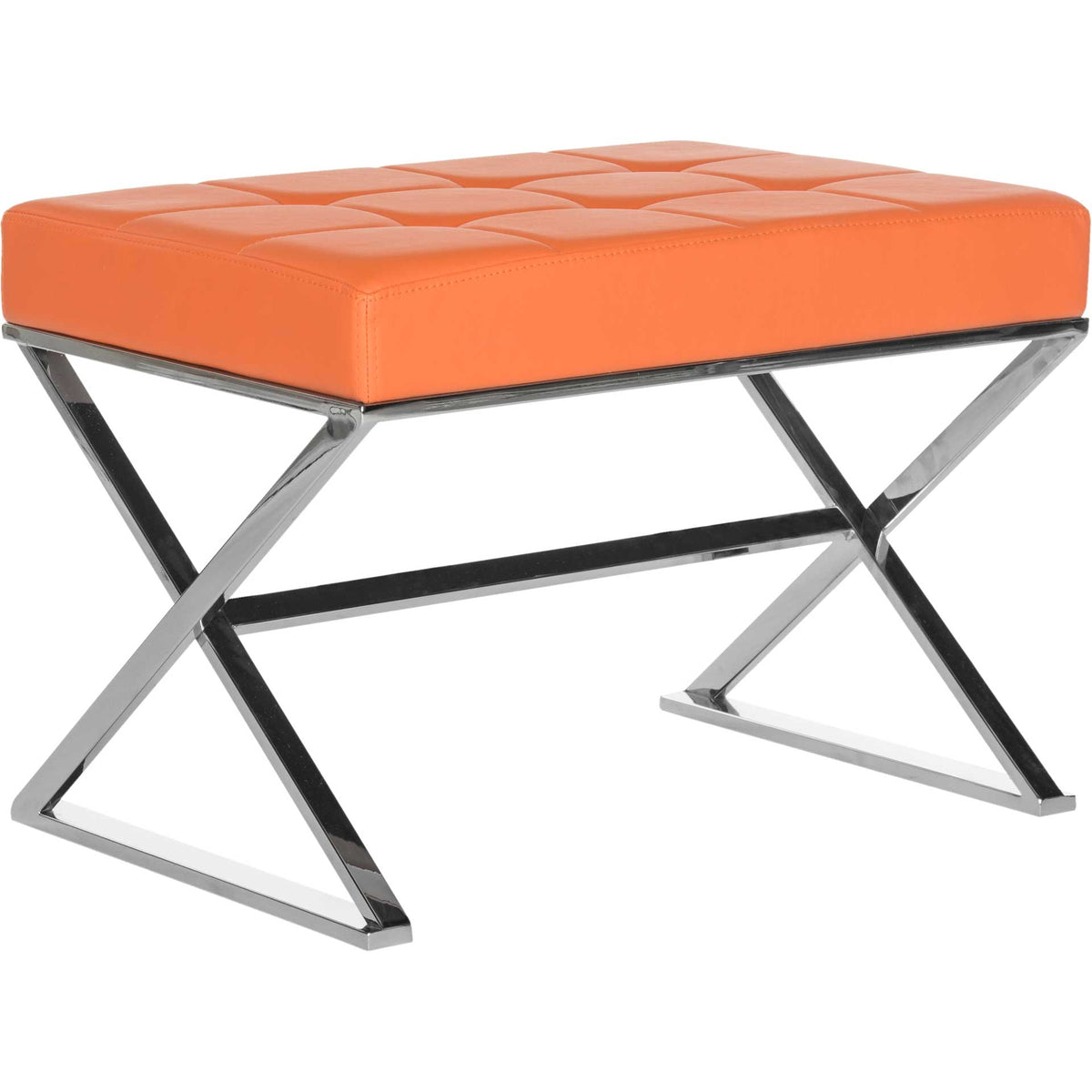 Bright orange faux leather softens the sculptural stainless steel X-frame. || FOX2022C || front_angle_studio