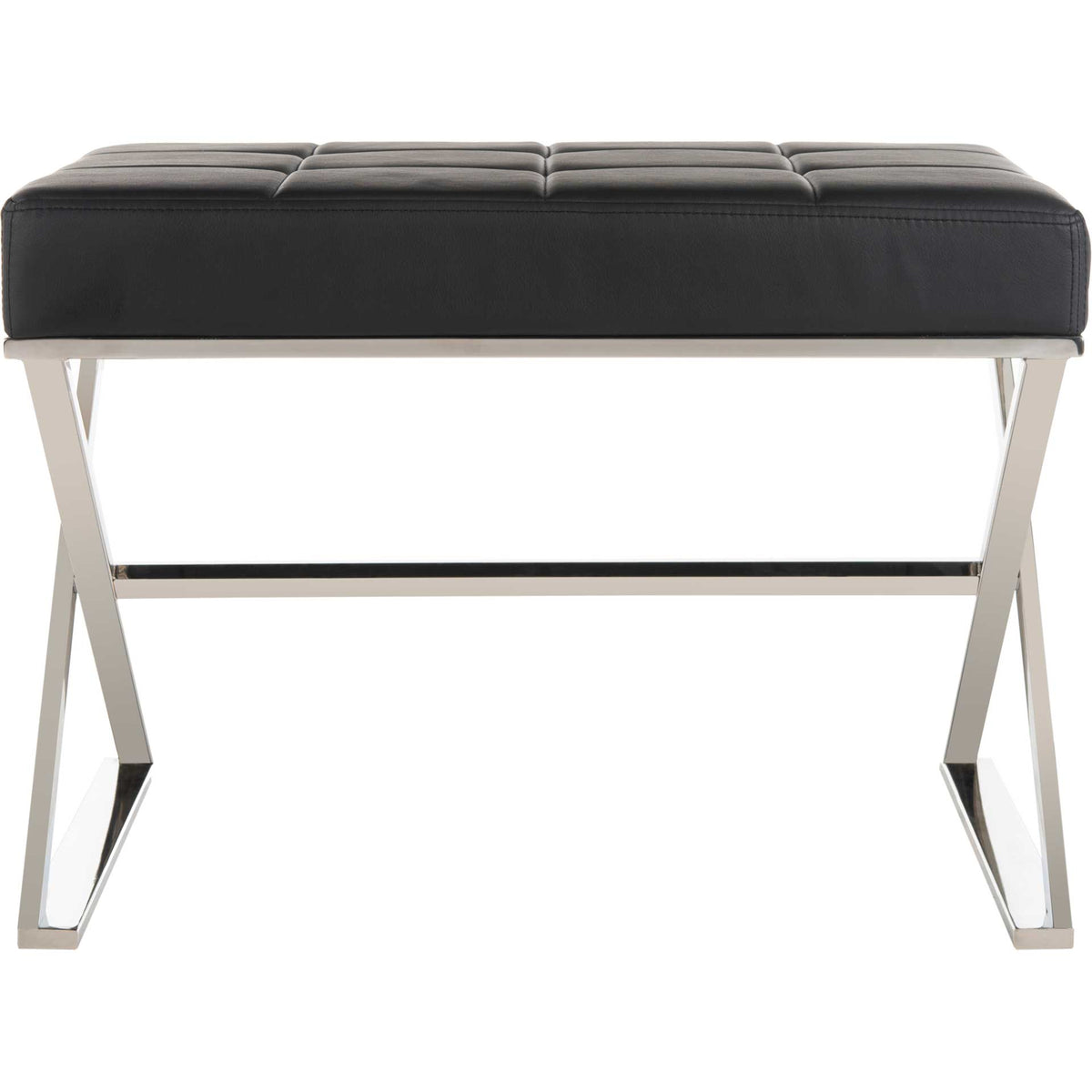 A square-tufted black seat rests on a gleaming stainless steel frame. || FOX2022D || front_studio