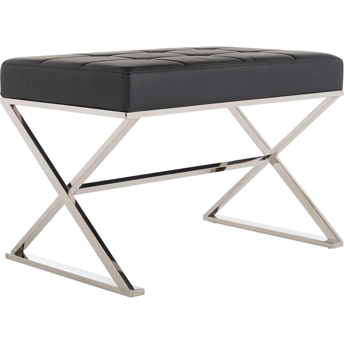 Plush black faux leather pairs with sculptural crossed steel legs. || FOX2022D || front_angle_studio