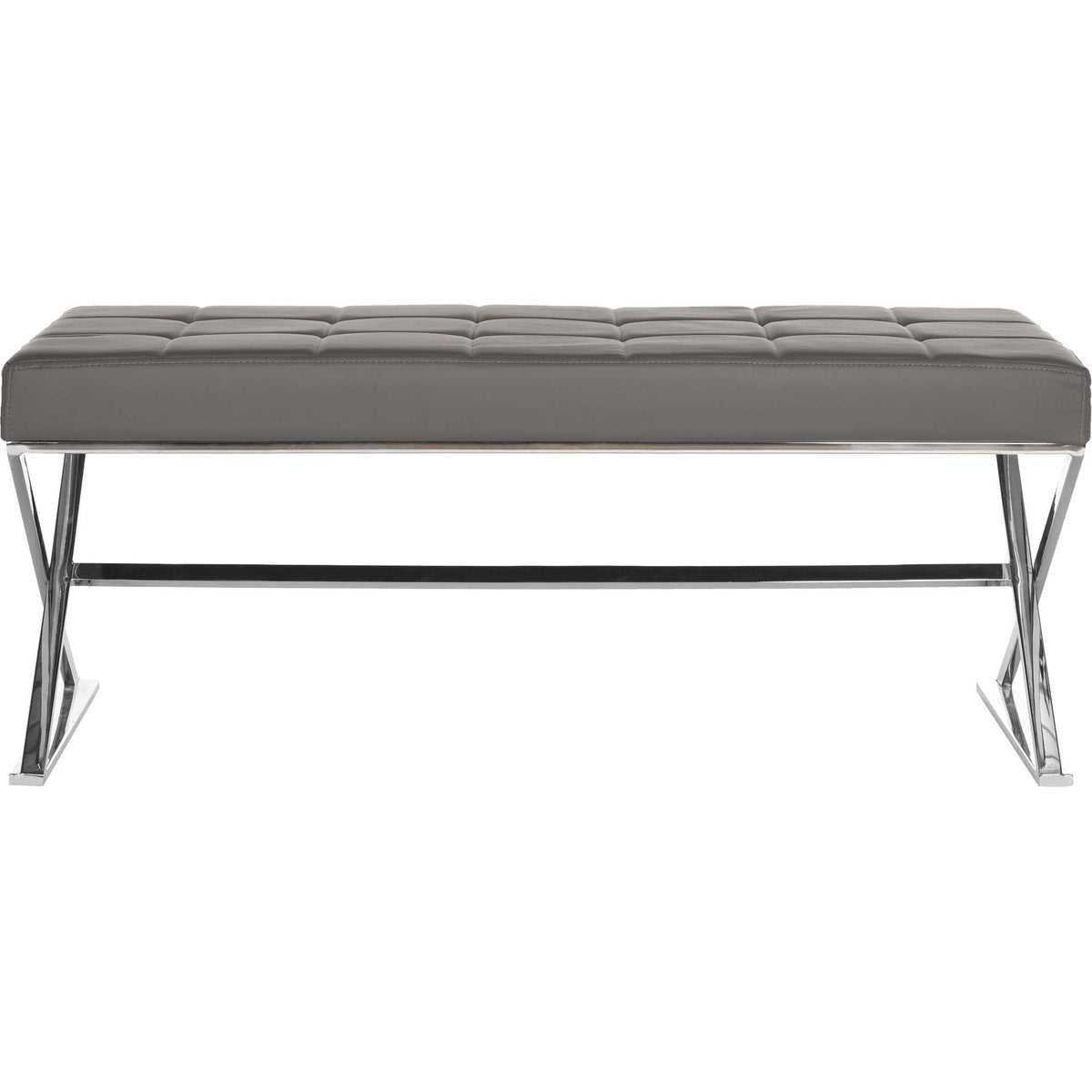 A long gray tufted seat is supported by a slim metal frame and low stretcher. || FOX2023B || front_studio