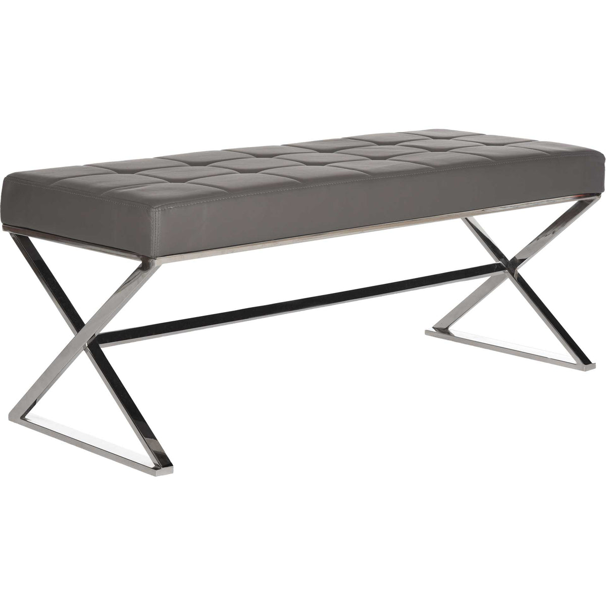 Gray faux leather upholstery and polished steel X-shaped legs bring clean-lined style to this bench. || FOX2023B || front_angle_studio