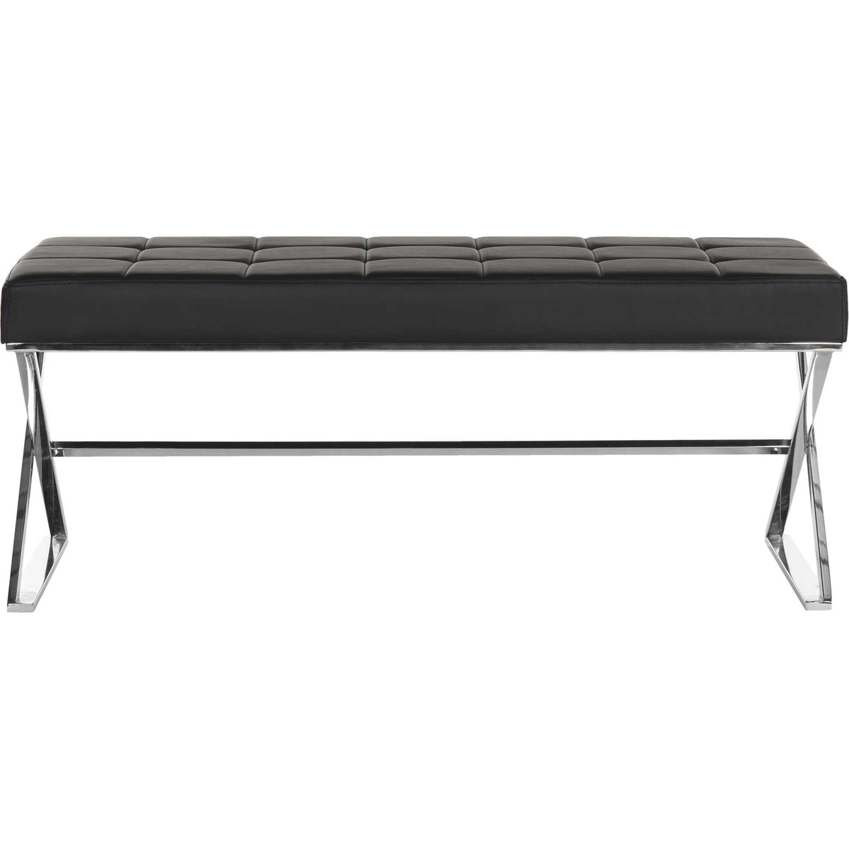 A long, tufted black seat rests on a slim metal frame with a low stretcher. || FOX2023D || front_studio