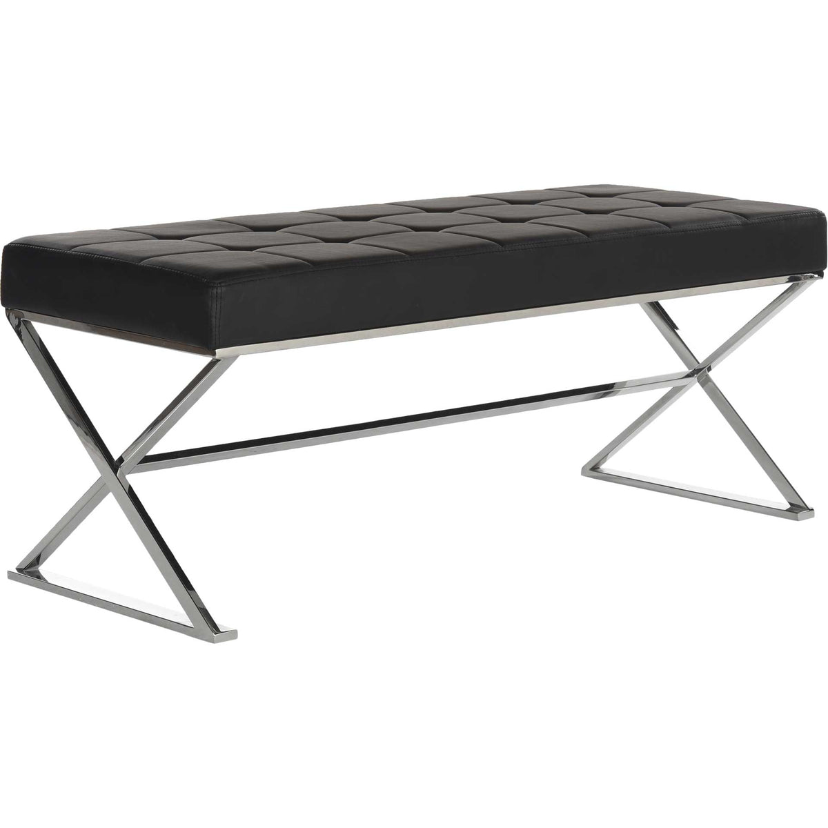 Black faux leather cushions meet a polished stainless steel X-frame in a sleek bench. || FOX2023D || front_angle_studio