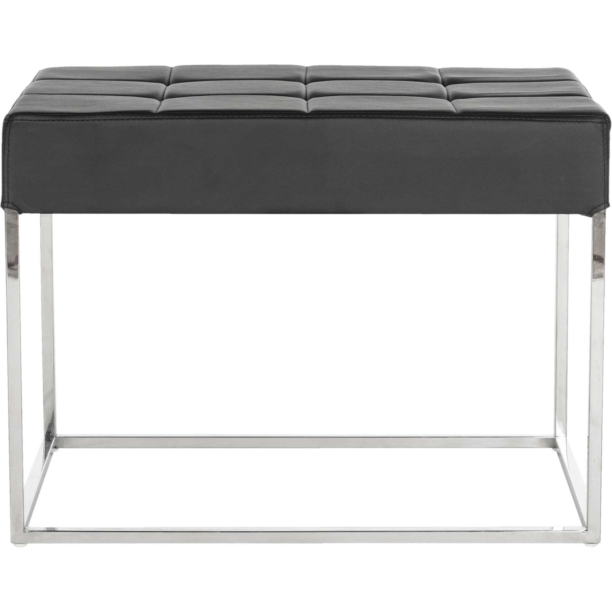 Black faux leather ottoman with a grid-stitched cushion and polished metal frame || FOX2024D || front_studio