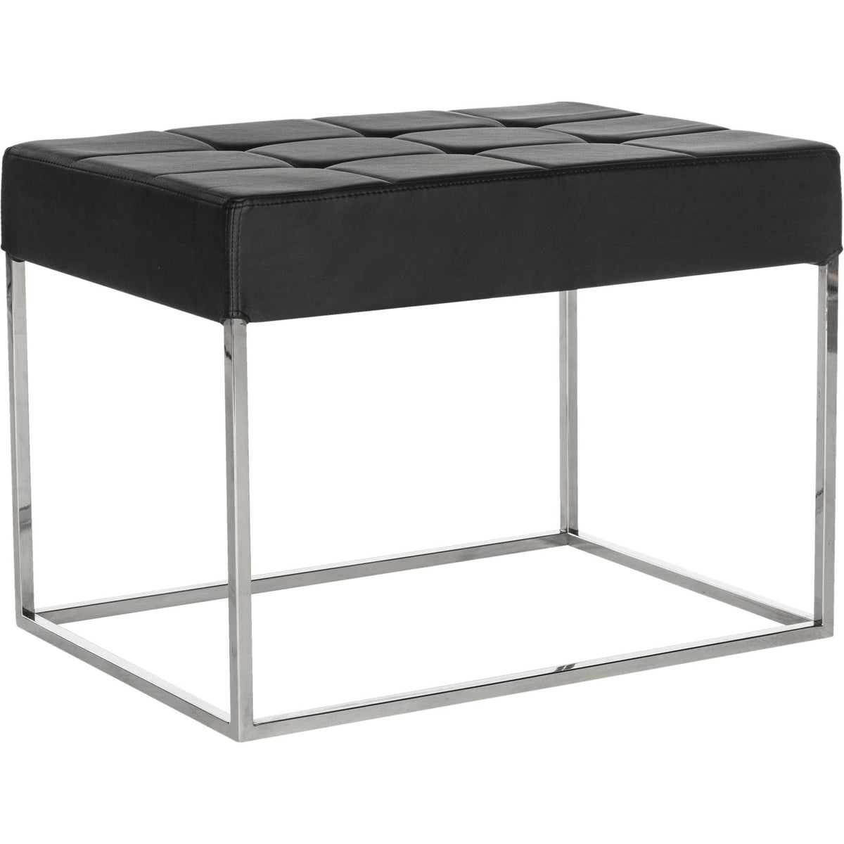 Padded black ottoman with a stitched seat and airy rectangular metal frame || FOX2024D || front_angle_studio