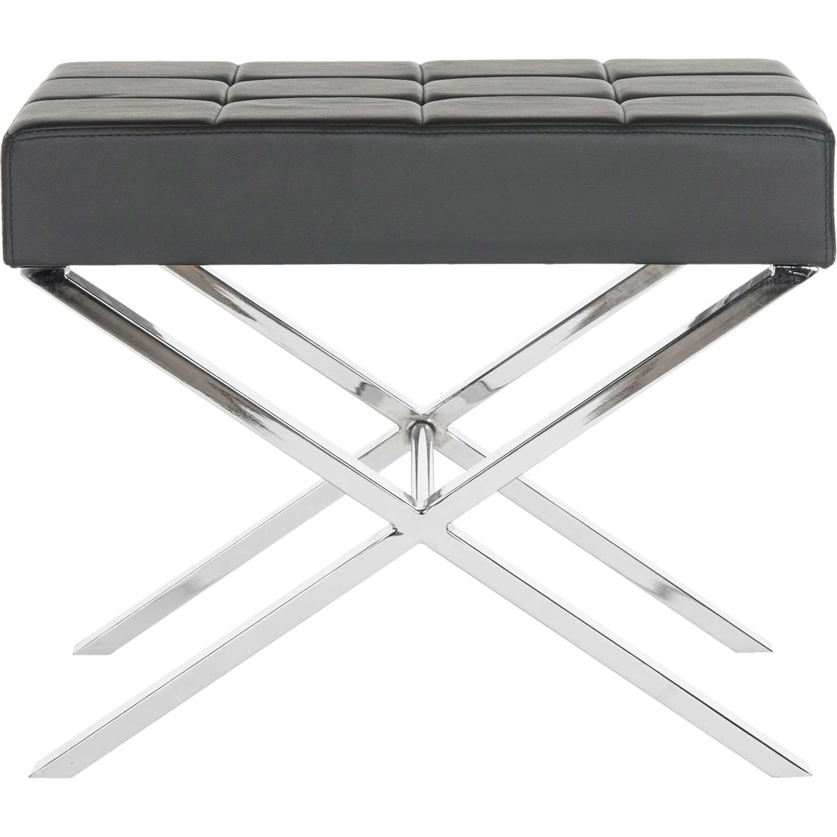 Black faux leather ottoman pairs a tufted seat with a sleek crossed metal base || FOX2028A || front_studio
