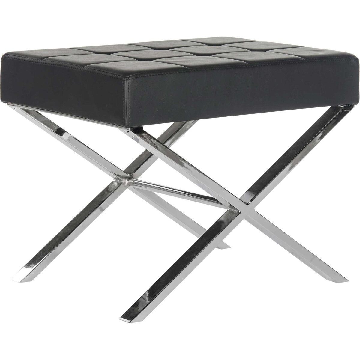 Black cushioned ottoman with square tufting and polished chrome X-frame legs || FOX2028A || front_angle_studio