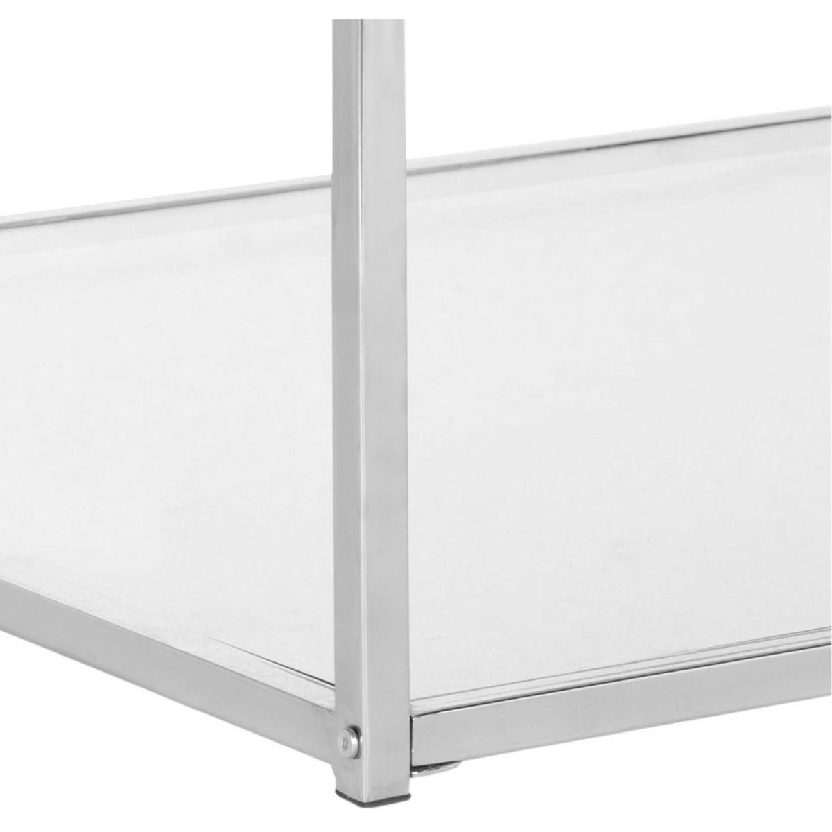A slim chrome leg joins the clear glass shelf and its polished metal frame