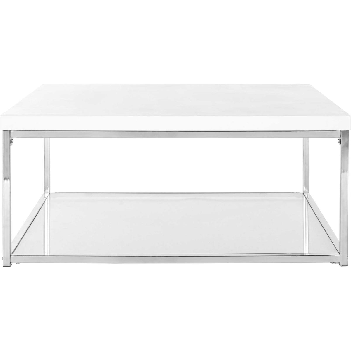 High-gloss white tabletop sits above a spacious glass shelf in a clean-lined chrome frame || FOX2214A || front_studio