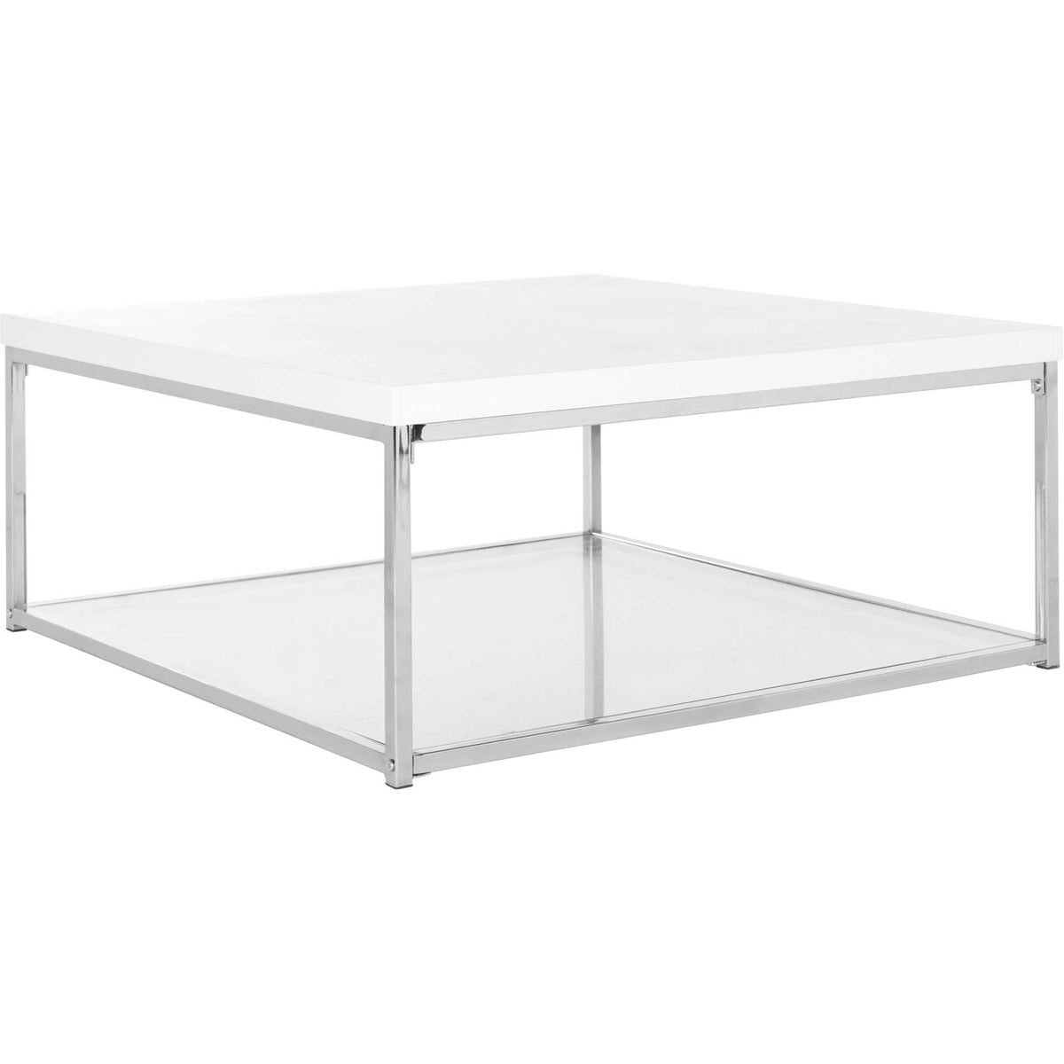 Square white coffee table pairs a glossy top with a chrome frame and clear glass shelf || FOX2214A || front_angle_studio