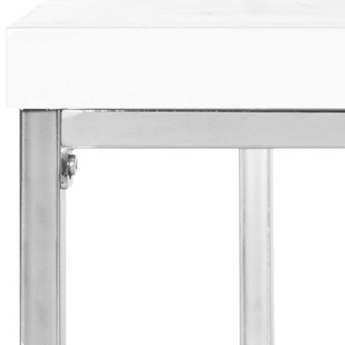 Glossy white tabletop and chrome trim create a sharp, modern contrast