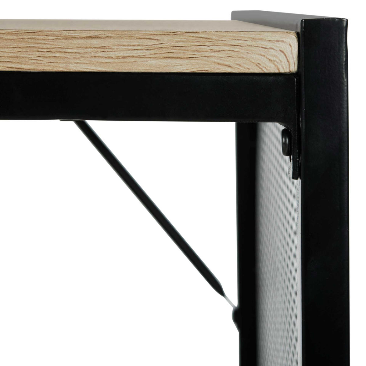 A wood-look tabletop edge meets black metal framing and a diagonal support brace