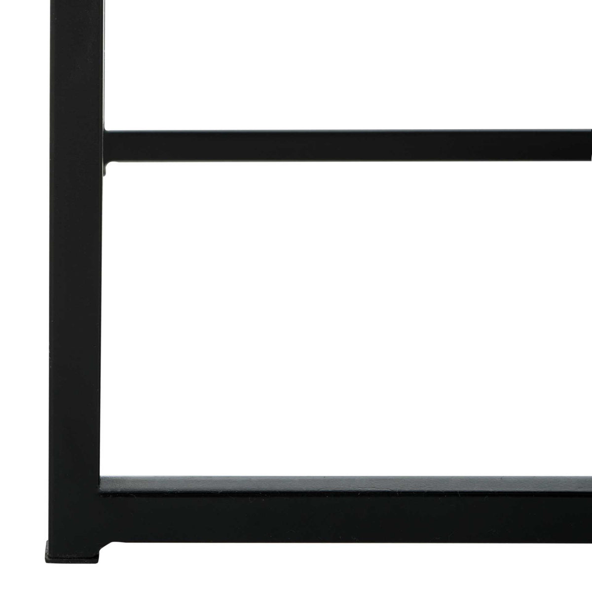 A square black metal leg and horizontal support create a clean, open base