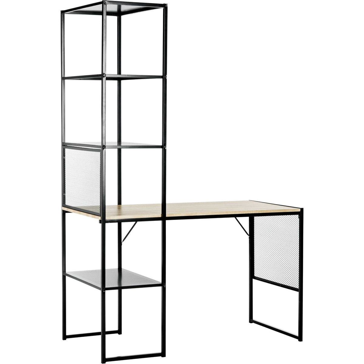 An airy black metal desk pairs a wood-look worktop with stacked shelves and mesh accents || FOX2221A || front_angle_studio