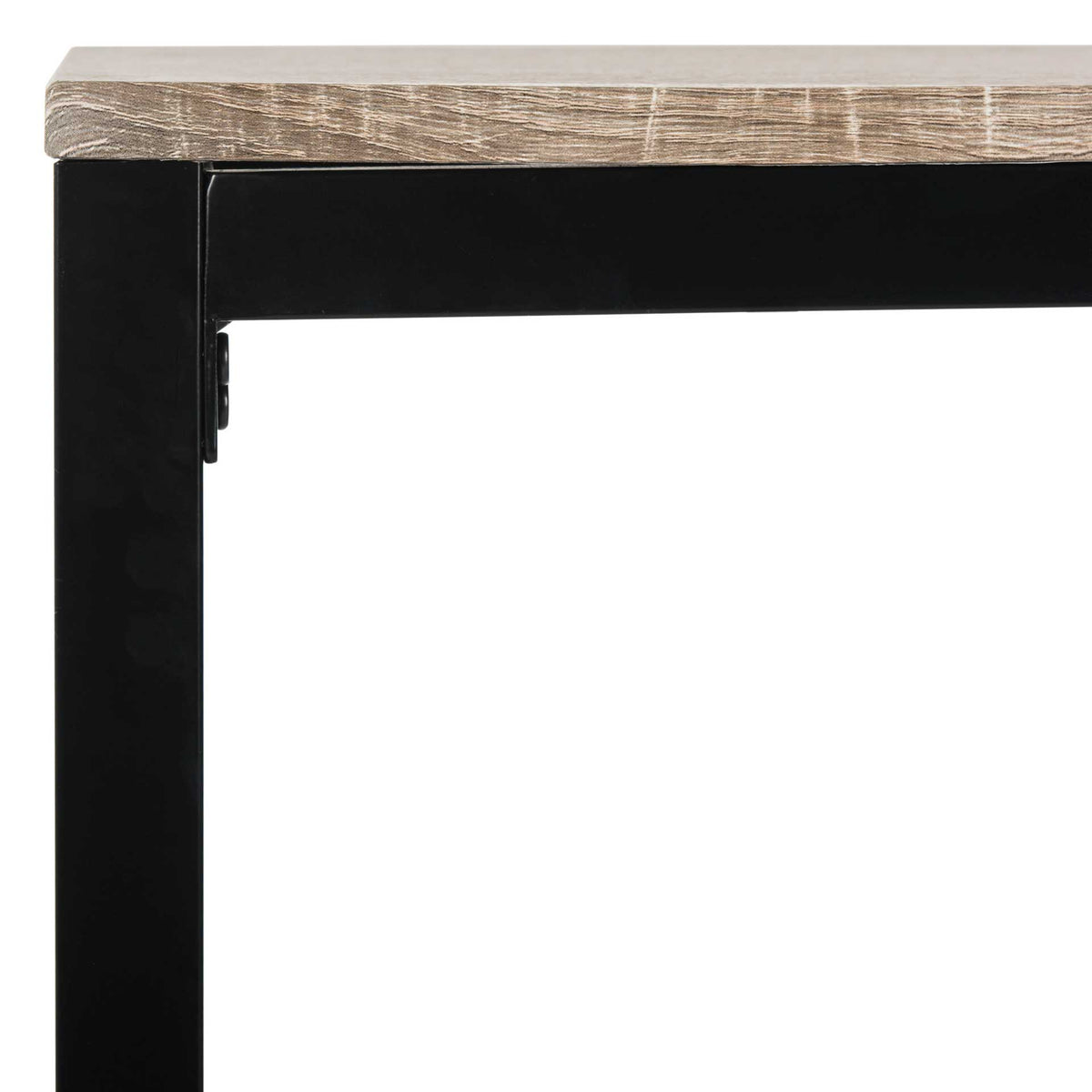 A textured wood-grain tabletop meets the black metal frame at a crisp corner joint.