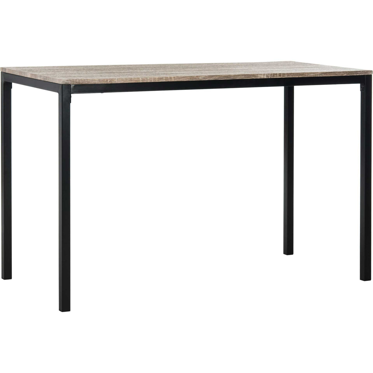A weathered wood-grain top pairs with slim black metal legs for a clean, industrial workspace. || FOX2230A || front_angle_studio