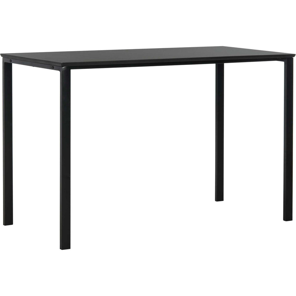 A black writing desk pairs a slim rectangular top with four straight metal legs || FOX2231A || front_angle_studio