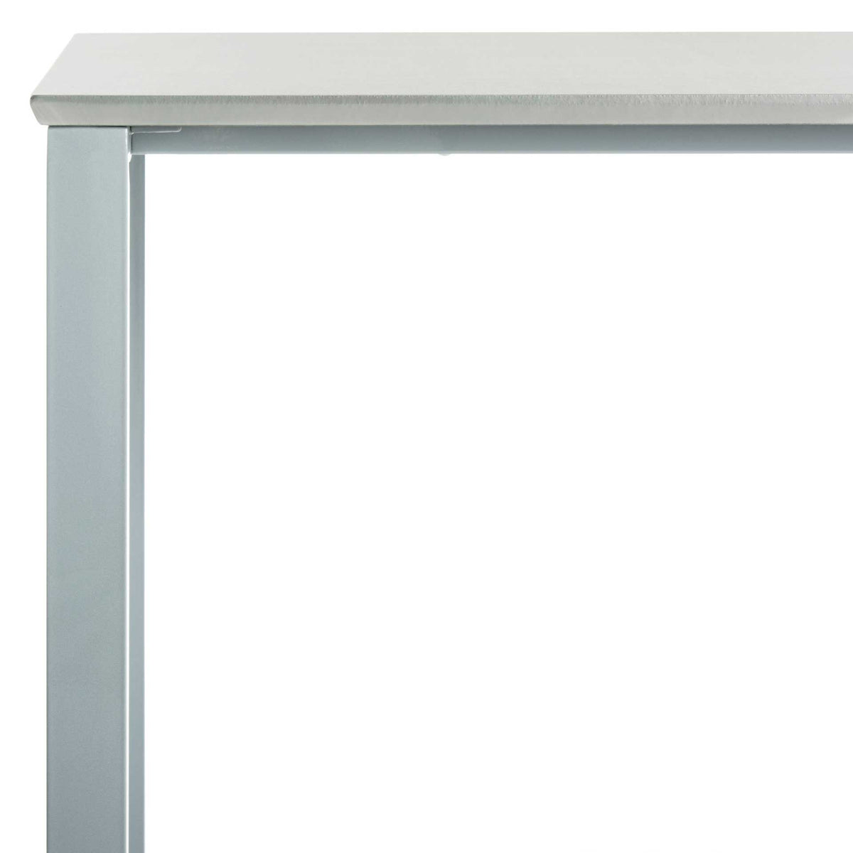 The light gray tabletop slightly overhangs a square-profile metal leg