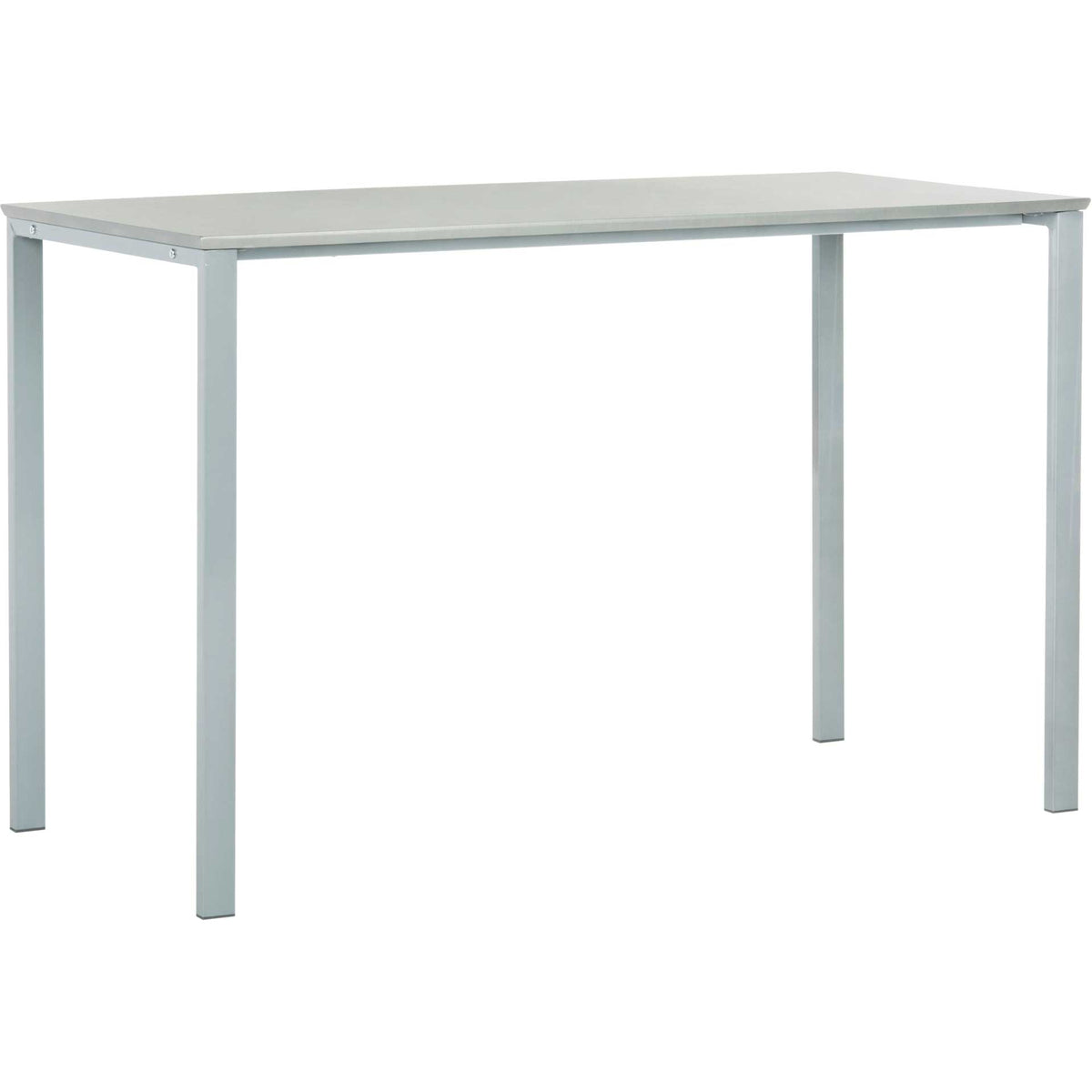 A light gray writing desk combines a slim worktop with four matching metal legs || FOX2231B || front_angle_studio