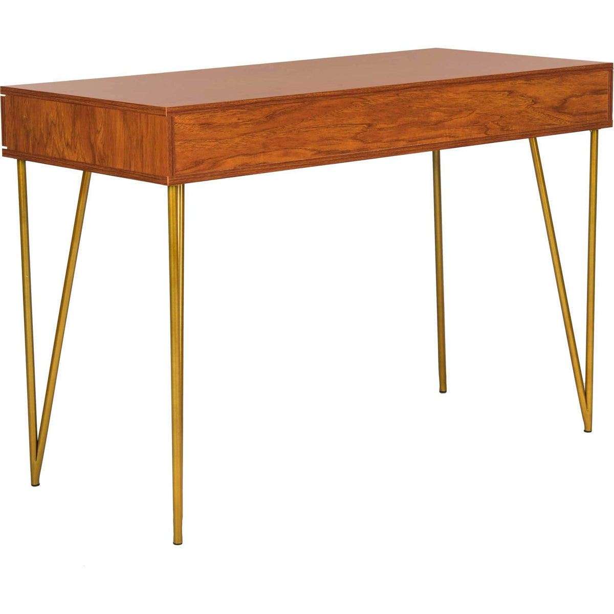 Warm wood-grain panels pair with slender gold legs for a light, minimalist desk