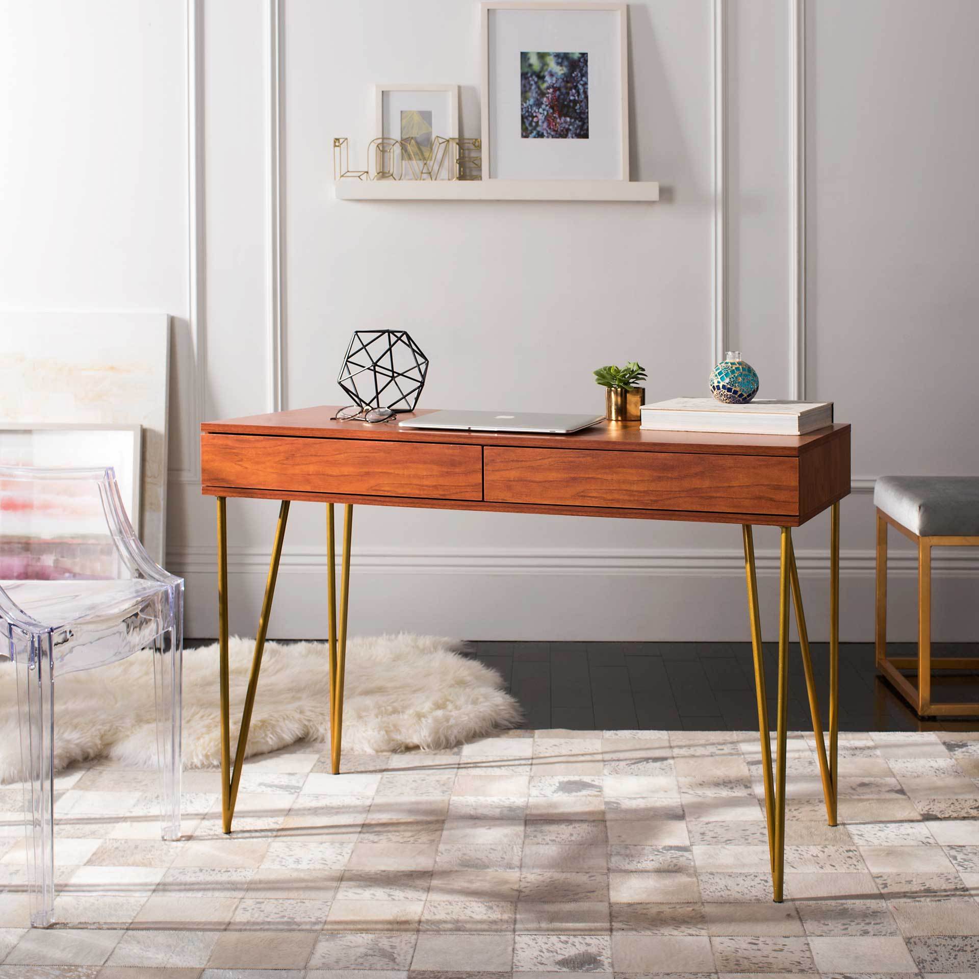 Pierce Two Drawer Desk Natural/Gold